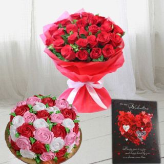 Bunch of 15 red carnations, half kg floral theme vanilla cake , valentine greeting card 