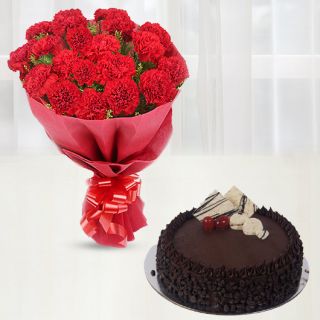 Bunch of 15 red carnations with choco chips cake 