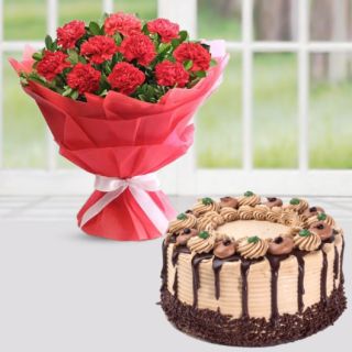 Bunch of 15 red carnations with chocolate cake 