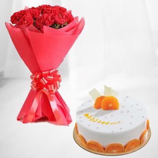 Bunch of 15 red carnations with half kg orange cool cake 