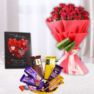 Bunch of 15 red roses, basket of assorted chocolates, valentine greeting card 