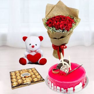 Bunch of 15 red roses, Box of 24 pcs rocher ferrero chocolates, 6 inch white teddybear, strawberry cool cake 