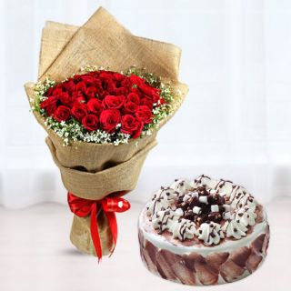 Bunch of 15 red roses in jute packing  with irish chocolate cake 