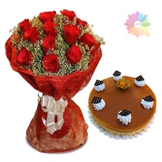 Bunch of 15 red roses with 1 pound butterscotch cake