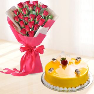 Bunch of 15  red roses with premium quality mango cake 