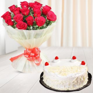 Bunch of 15 red roses with white forest cool cake 