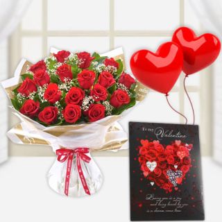 Bunch of 15 red roses with valentine day card with pair of 2 heart shape balloons 