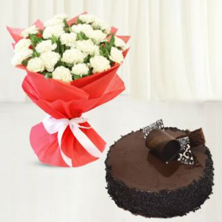 Bunch of 15 white carnations with choco chips cake 