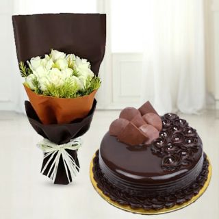 Bunch of 15 white roses with chocolate premium quality cake 