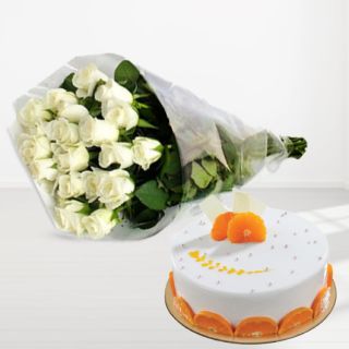 Bunch of 15 white roses with orange cool cake 