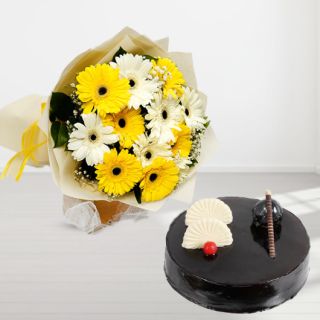 Bunch of 15 yellow and white gerberas with chocolate cake 