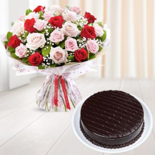 Bunch of 20 pink and red roses with chocolate cakes
