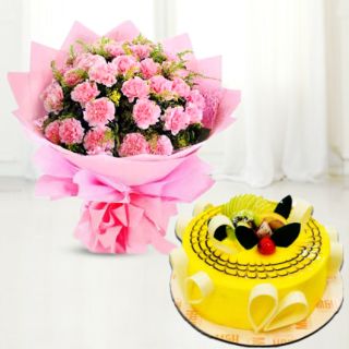 Bunch of 20 pink carnation with premium quality pineapple cake 