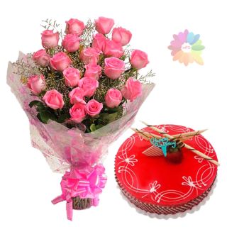 Bunch of 20 pink roses with 1 kg strawberry fresh cream cake 