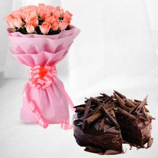 Bunch of 20 pink roses with premium quality chocolate truffle cake 