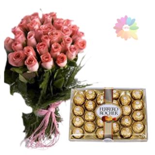 Bunch of 20 pink roses with box of 24 pcs rocher ferrero chocolates