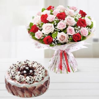 Bunch of 20 red and pink roses with half kg chocolate chips cool cake 