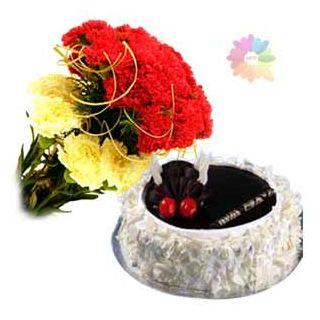 Bunch of 20 red and yellow carnations with 1 pound chocovanilla cake