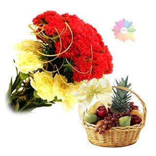 Bunch of 20 red and yellow carnations with 2 kg mix fruit basket