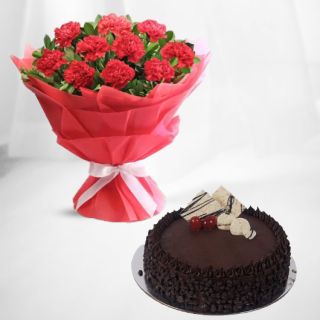 Bunch of 20 red carnations with half kg chocolate chips cake 