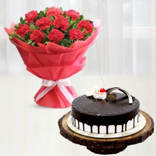 Bunch of 20 red carnations with premium quality choco vanilla cake 