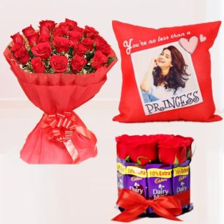 Bunch of 20 red roses, photo cushion, with a chocolate bouquet of dairymilk chocolates with red roses 