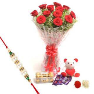 Bunch of 20  red roses with 16 pcs rocher ferrero chocolates , 4 dairy milk cadburies with 6 inch teddy bear with 1 rakhi and roli chawa