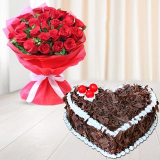 Bunch of 20 red roses with heart shape black forest cool cake 