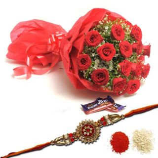 bunch of 20 red roses with 2 daity milk fruit and nut with 1 rakhi and roli chawal