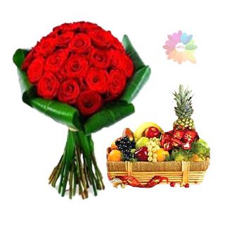 Bunch of 20 red roses with 3 kg mix fruit basket with 10 assorted chocolates