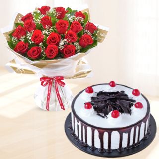 Bunch of 20 red roses with black forest cool cake 
