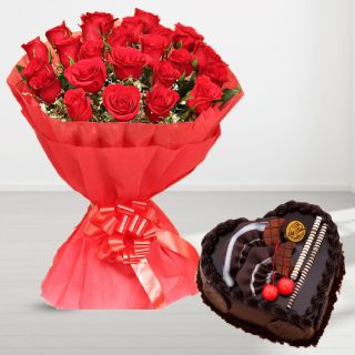 Bunch of 20 red roses with heart shape chocolate cake 