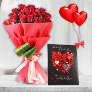 Bunch of 20 red roses with valentine day card with 2 heart shape balloons 