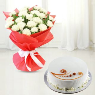 Bunch of 20 white carnations with vanilla cool cake 