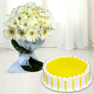 Bunch of 20 white gerberas with pineapple cool cake 