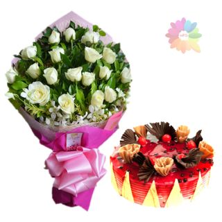 Bunch of 20 white roses with 1 pound blueberry fresh cream cake