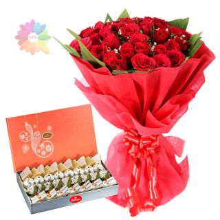 Bunch of 25 red roses with 1 kg assorted sweets from haldiram