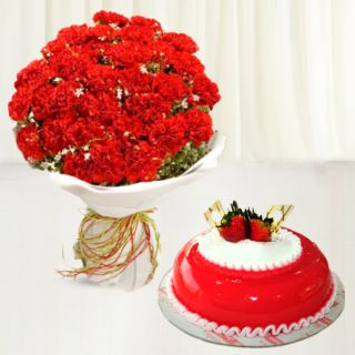 Bunch of 30 red carnations with strawberry cool cake 
