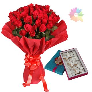 Bunch of 30 red roses with 1 kg kaju katli sweets
