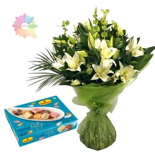 Bunch of 30 red roses with 1 kg kaju katli sweets