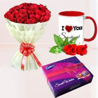 Bunch of 40 red roses, celebration box of chocolate , photo mug 