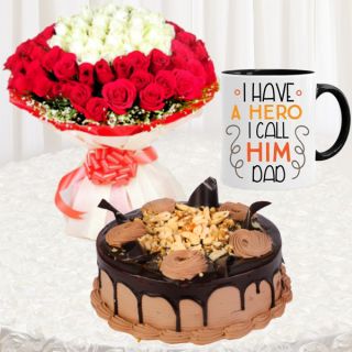 Bunch of 50 red and white roses , half kg chocolate cake , photo mug 