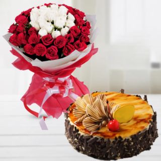 Bunch of 50 red and white roses with irish chocolate cake 