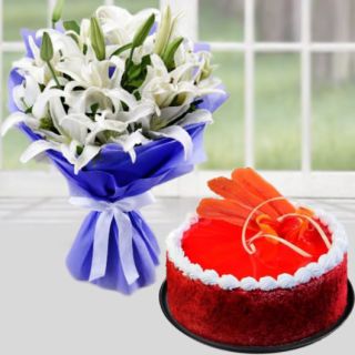 Bunch of 5 asiatic lilies with red velvet cake 