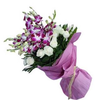 Bunch of 5 lavender orchids with 15 white roses