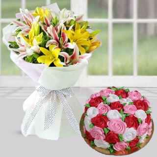 Bunch of 5 mix colour lilies with floral theme vanilla cool cake 