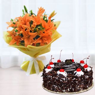 Bunch of 5 orange lilies with black forest fresh cream cool cake