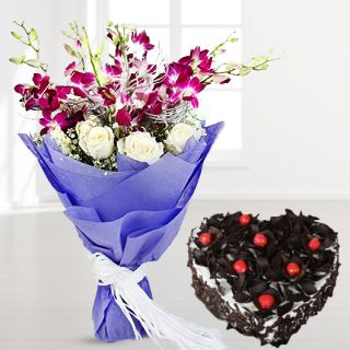 Bunch of 5 orchids with 10 roses with heart shape black forest cool cake 