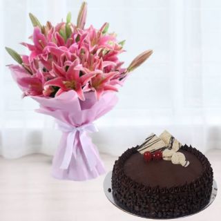 Bunch of 5 pink asiatic lilies with choco chips premium quality cake 