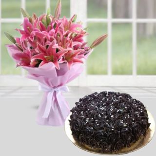 Bunch of 5 pink lilies with chocolate fantasy cool cake 